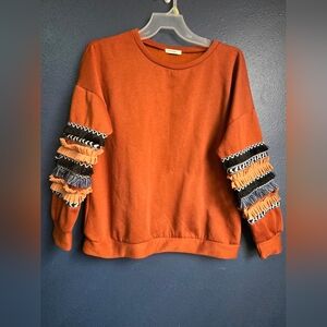 AndTheWhy Large~Boho Vibe Burnt Orange Sweatshirt~Fringe & Trim Detail Sleeves~